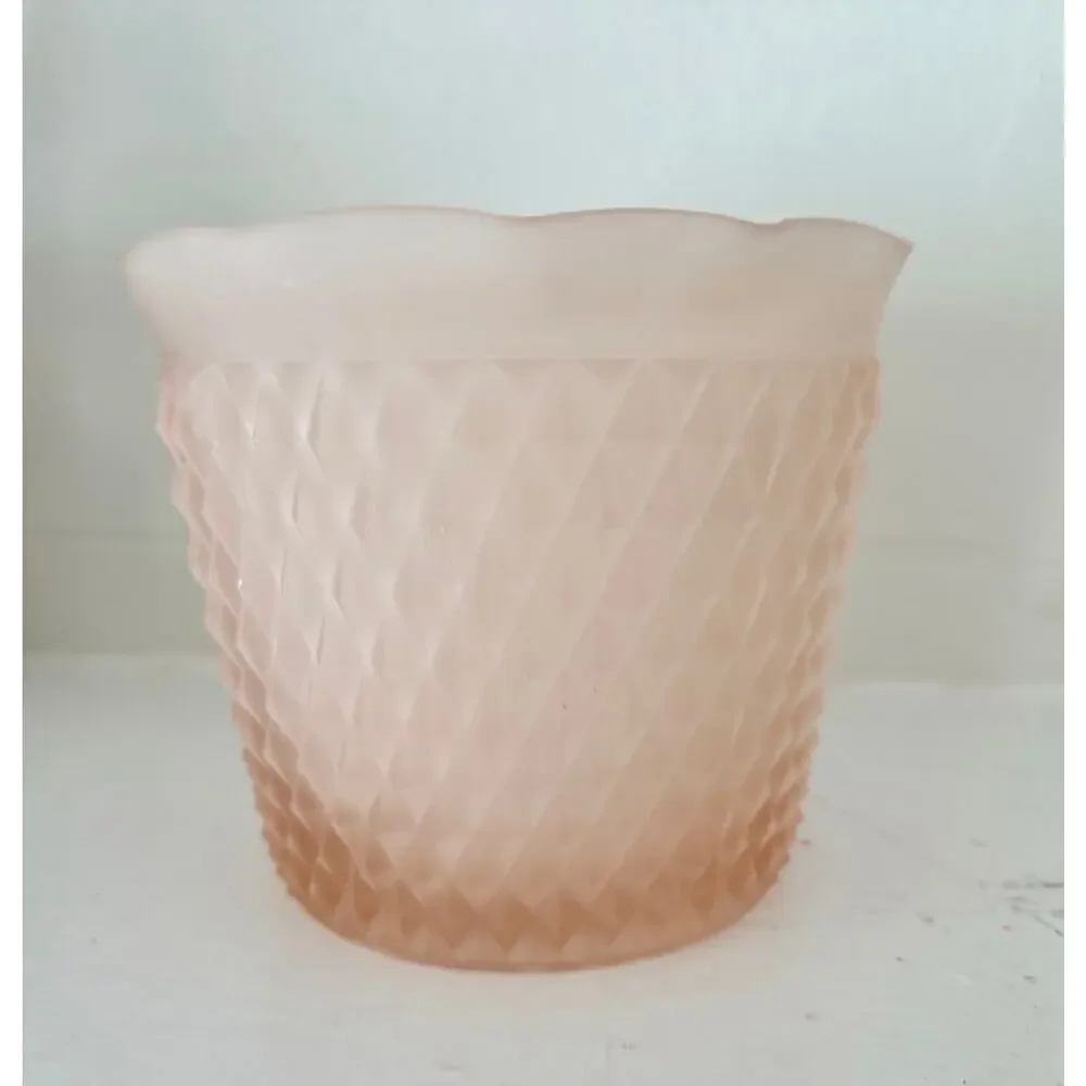 Indiana Glass Pink Satin Diamond Point Jardiniere Planter Frosted Vase Vintage